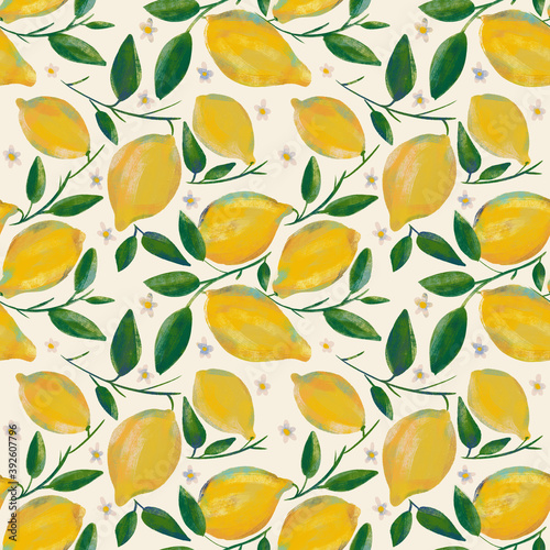 Lemon fruits on twigs seamless summer pattern