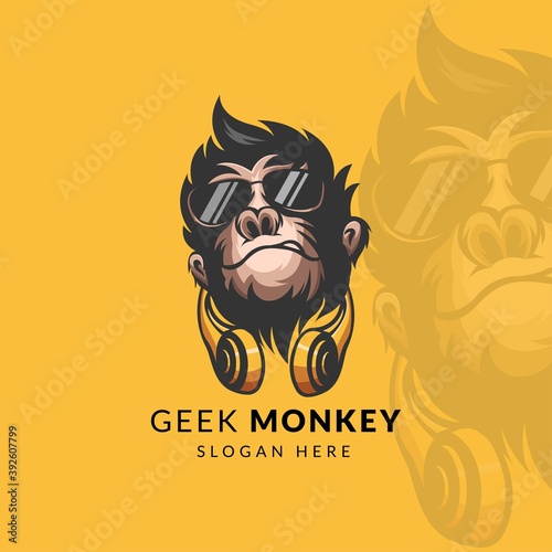 Awesome monkey geek with headphone logo design vector