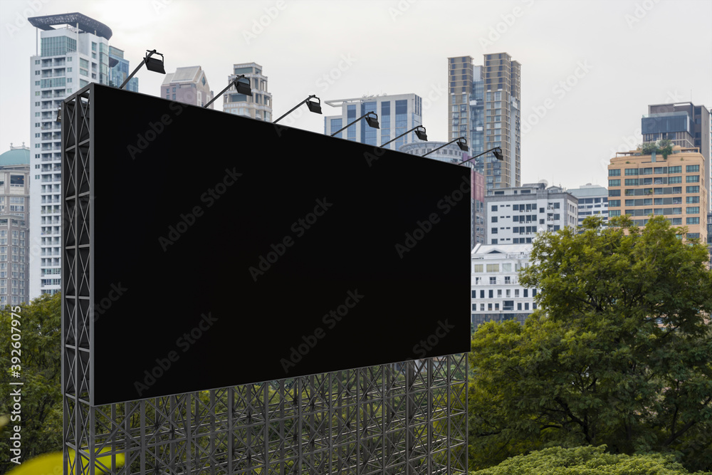Blank black road billboard with Bangkok cityscape background at day time. Street advertising poster, mock up, 3D rendering. Side view. The concept of marketing communication to promote or sell idea. Blank black road billboard with Bangkok cityscape background at day time. Street advertising poster, mock up, 3D rendering. Side view. The concept of marketing communication to promote or sell idea.