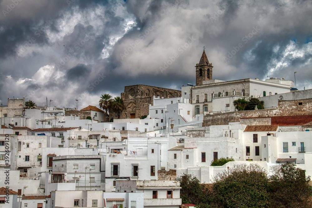 View of Vejer de la Frontera, a pretty Spanish town, on a stormy day.
