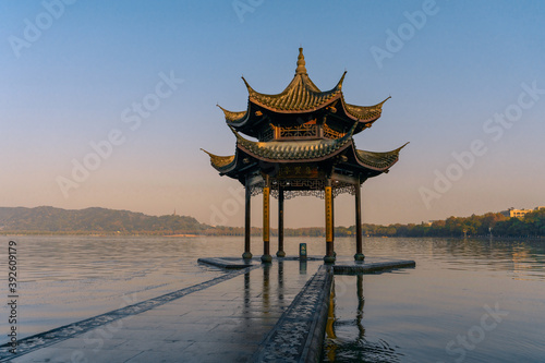 Jixian pavilion, the historic landmark at West Lake in Hangzhou, China. © Zimu