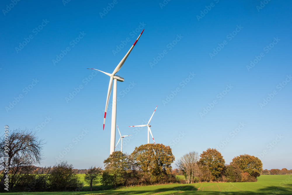 Obraz premium Windpark auf einem Feld in Schleswig-Holstein im Herbst vor strahlend blauem Himmel