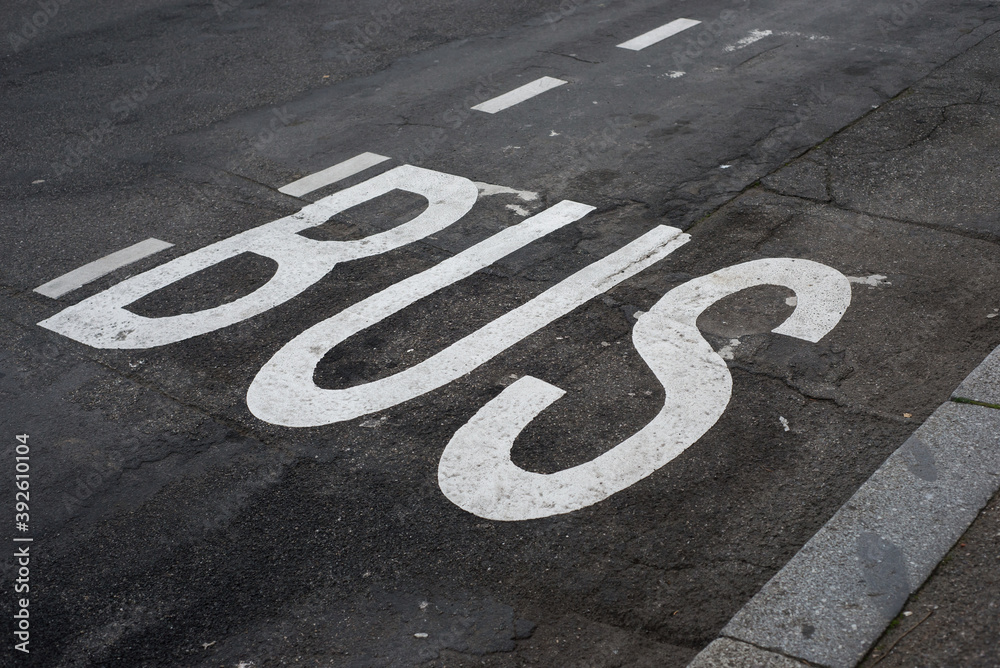 Fototapeta premium Closeup of bus sign painted on the road