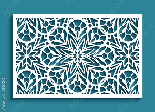 Rectangle tile with cutout paper swirls, floral lace texture, vintage ornamental panel with line pattern, elegant template for laser cutting or wood carving