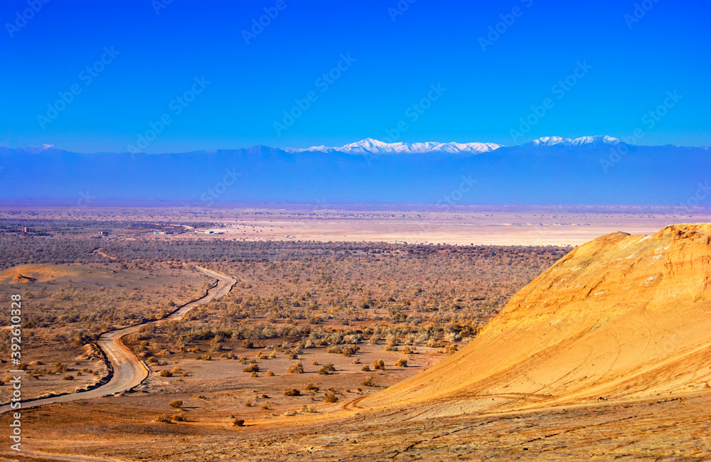 Beautiful nature view - colorful ground with dry bush, twisty country road and yellow rock at the background of bright blue sky and mountain range in Maranjab desert near Kashan, Iran, Middle East