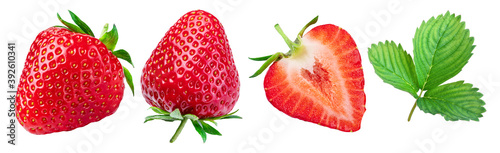 Strawberry with strawberries leaves and slices isolated on a white background. Clipping path. photo