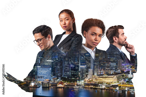 Photography Double exposure of four young, successful, business people standing in front of Asian city Singapore background