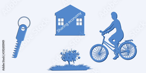 Sharing Economy. Home, woman on a bike. Design Concept.