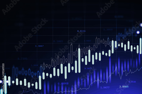 Immersive trading and graph interface over blue background. Concept of stock market. 3d rendering toned image double exposure