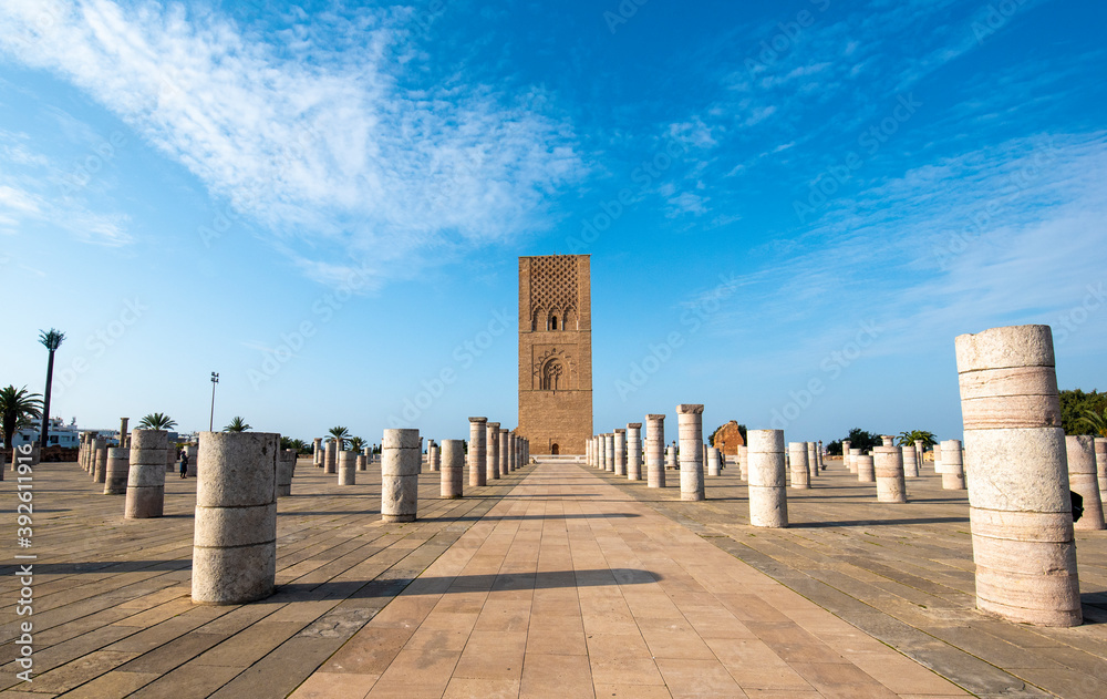 The Mausoleum of Mohammed V and the Hassan Tower on the Yacoub al-Mansour esplanade in the capital city of Rabat, Morocco.