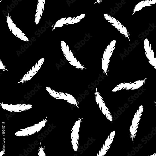 white feathers seamless pattern on Black background.
