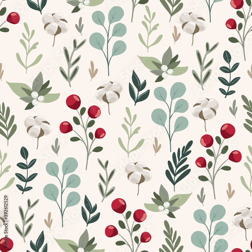 Merry Christmas seamless patternwith floral hand drawn scandinavian branches and leaves, eucalyptus, winter berries. Winter holiday repeated background for wrapping paper, fabric, christmas decoration