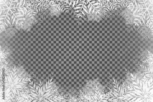 Christmas background with transparent basis and lots of snowflakes around the frame light rectangular