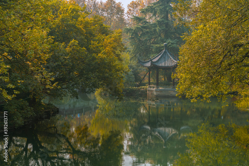 Traditional Chinese garden with pavilion and forest in Hangzhou  China  autumn time.