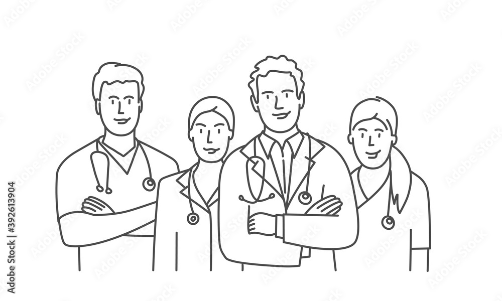 Hand drawn vector illustration of male and female doctors in white medical coats standing with arms folded. Hand drawn vector illustration of male and female doctors in white medical coats standing with arms folded.