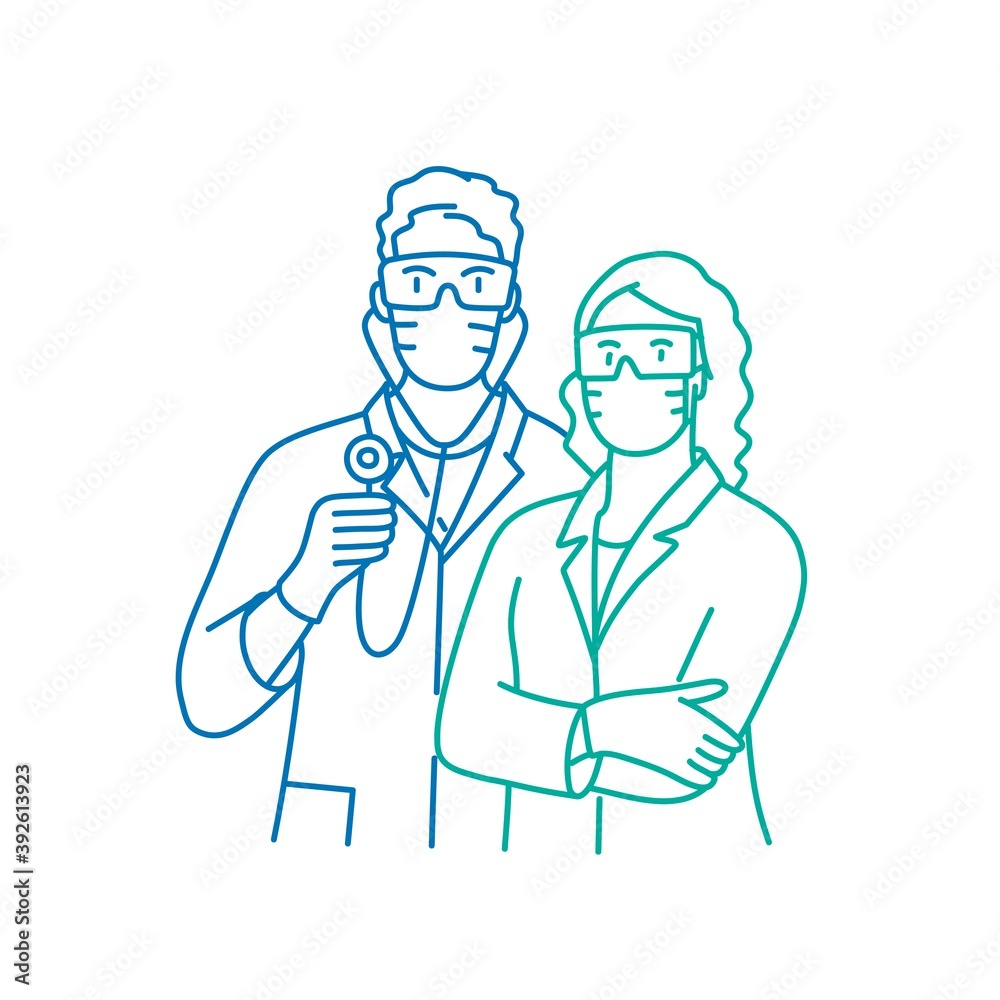 Color lines vector of medical staff wearing uniform. Pandemic concept.