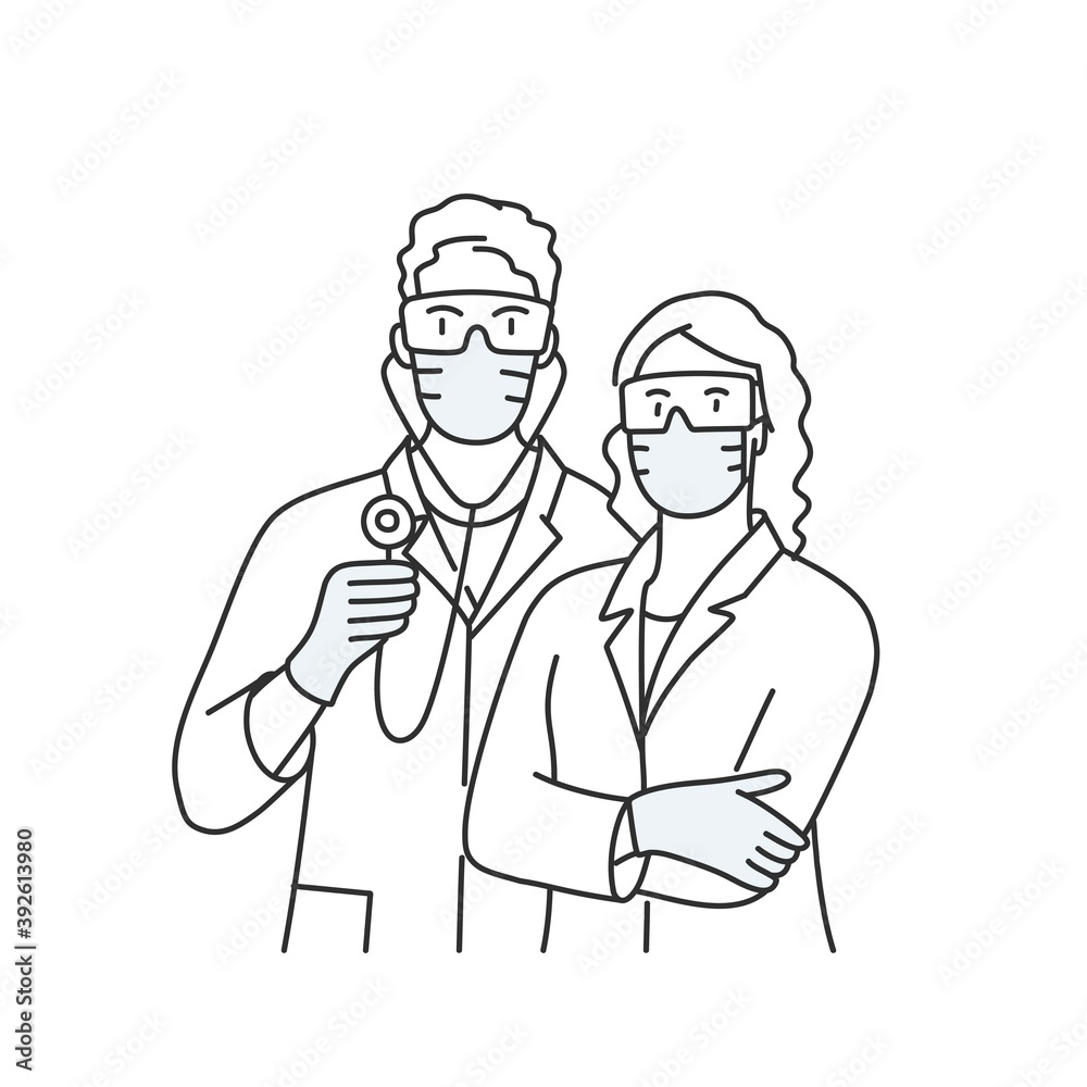 Medical staff wearing uniform. Pandemic concept. Hand drawn vector illustration. 