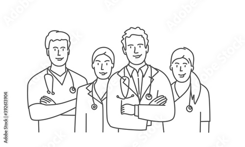 Hand drawn vector illustration of male and female doctors in white medical coats standing with arms folded.