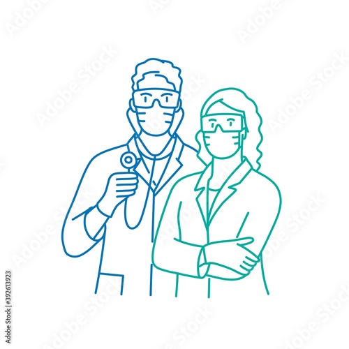 Color lines vector of medical staff wearing uniform. Pandemic concept.