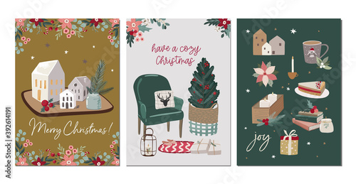 Set of Merry Christmas greeting cards in traditional colors, vertical banners, flyers,invitations. Happy Holidays and New Year cards with christmas florals and winter season object