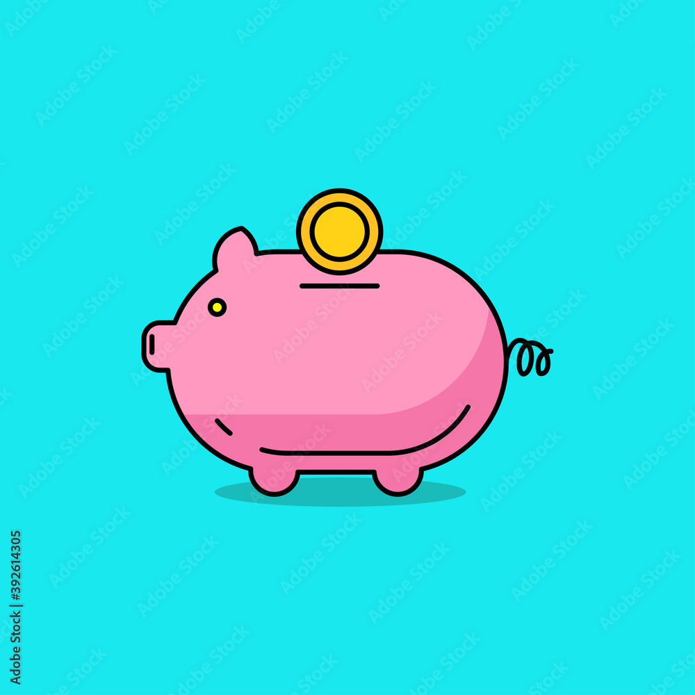 Fototapeta premium Simple piggy bank vector illustration on blue background. Piggy bank linear color icon 