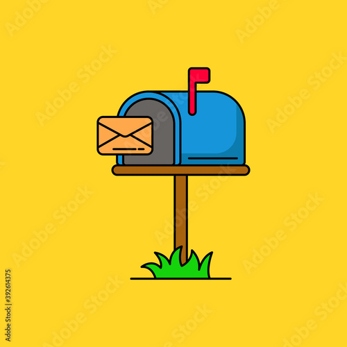 Simple mailbox vector illustration on yellow background. Linear color style mailbox icon