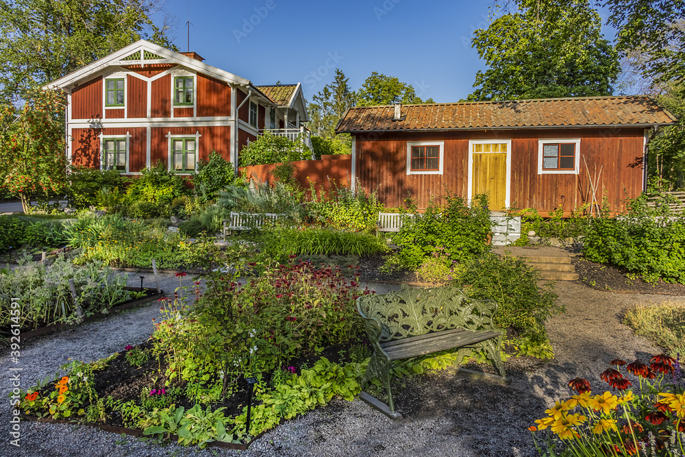 Traditional architecture of old Swedish building at Djurgarden island, historic recreational area. Stockholm, Sweden.