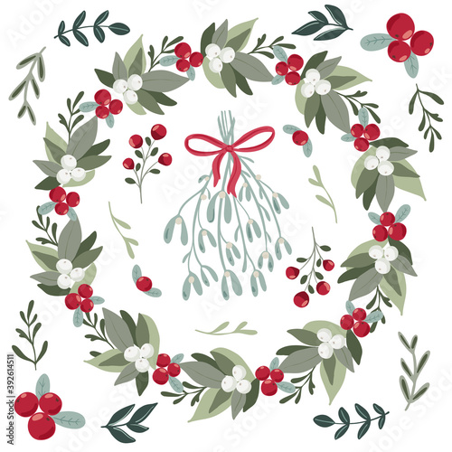 Christmas clipart vector illustration collection for posters, cards, banners, flyer, cover, stationery. Set  of hand drawn scandinavian christmas wreaths,florals and objects for christmas products