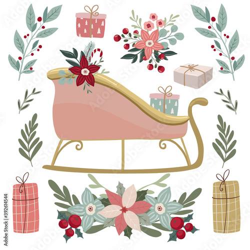 Christmas clipart vector illustration collection for posters, cards, banners, flyer, cover, stationery,decoration. Set  of hand drawn scandinavian style florals and objects for christmas products