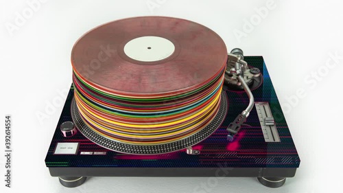 Abstract pile of vinyl records on turntables stop motion