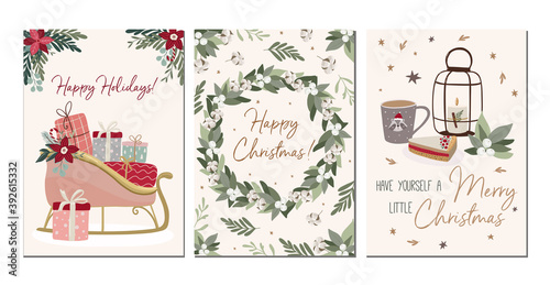 Set of Merry Christmas greeting cards in traditional colors, vertical banners, flyers,invitations. Happy Holidays and New Year cards with christmas florals and winter season object