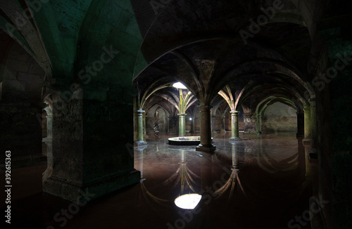 EL JADIDA  MOROCCO. The old Manueline Cistern with reflection. Sunlight beam in darkness  dark room on ground floor in Portuguese Cisterns. 