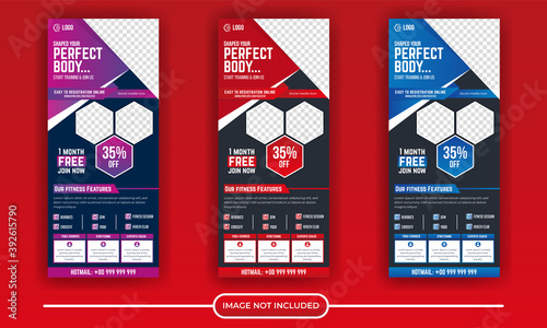 Rollup banner design with simple shapes for minimalistic company promotion.  Fitness gym roll up banner template collection