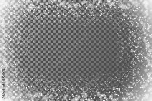 Snowfall. A lot of snow on a transparent background. Christmas winter background. Snowflakes falling from the sky.