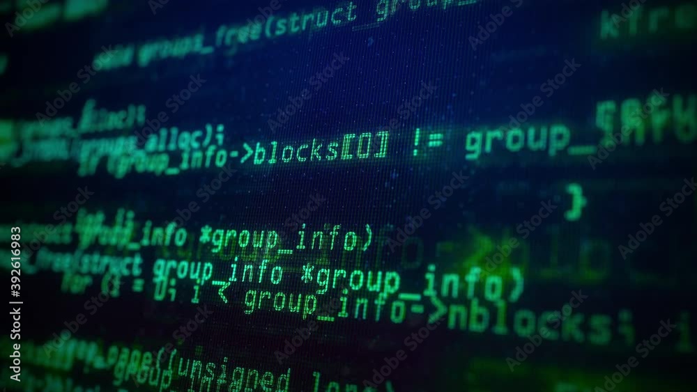 Close-up of Green Program Code on a Computer Screen in Defocus. Software development and hacking concept. Technology, coding, programming