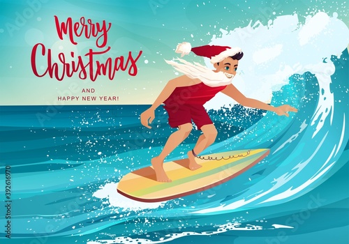 Man in clothes of Santa Claus surfing on the wave in tropical ocean. Merry Christmas hand lettering. Vacation, resort, greeting cards. Summer activities cartoon vector illustration.