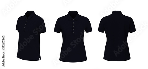 Women's collared shirt mockup in front, side and back views, tee design presentation for print, 3d rendering, 3d illustration
