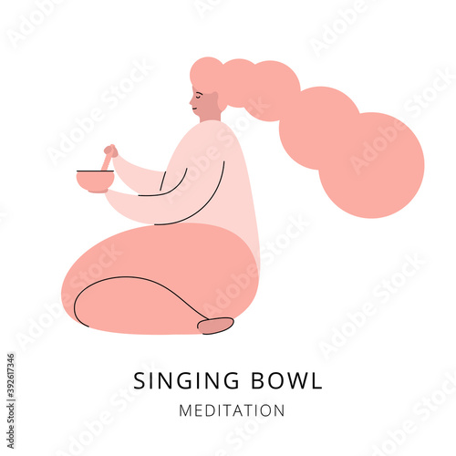 Woman sitting in profile and meditating with a tibetan singing bowl. Ayuverda, meditation and relaxation. Vector flat illustration