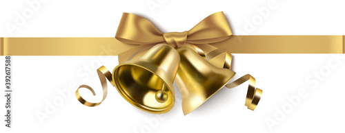 Decorative golden bow and bells with horizontal ribbon isolated on white background. Christmas and New Year decoration. Vector illustration