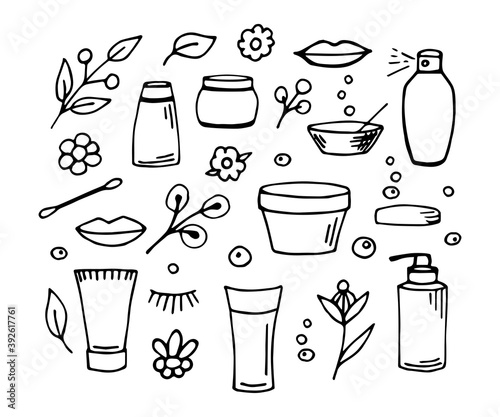 Simple hand-drawn vector doodle black outline drawing. Set for face and body care, skin. Cream, mask, shampoo. Natural cosmetics, spa beauty salon. Elements for product decoration.