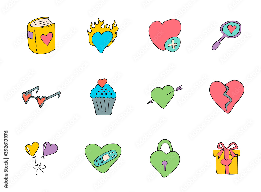 heart love hand drawn linear vector icons isolated on white background ...