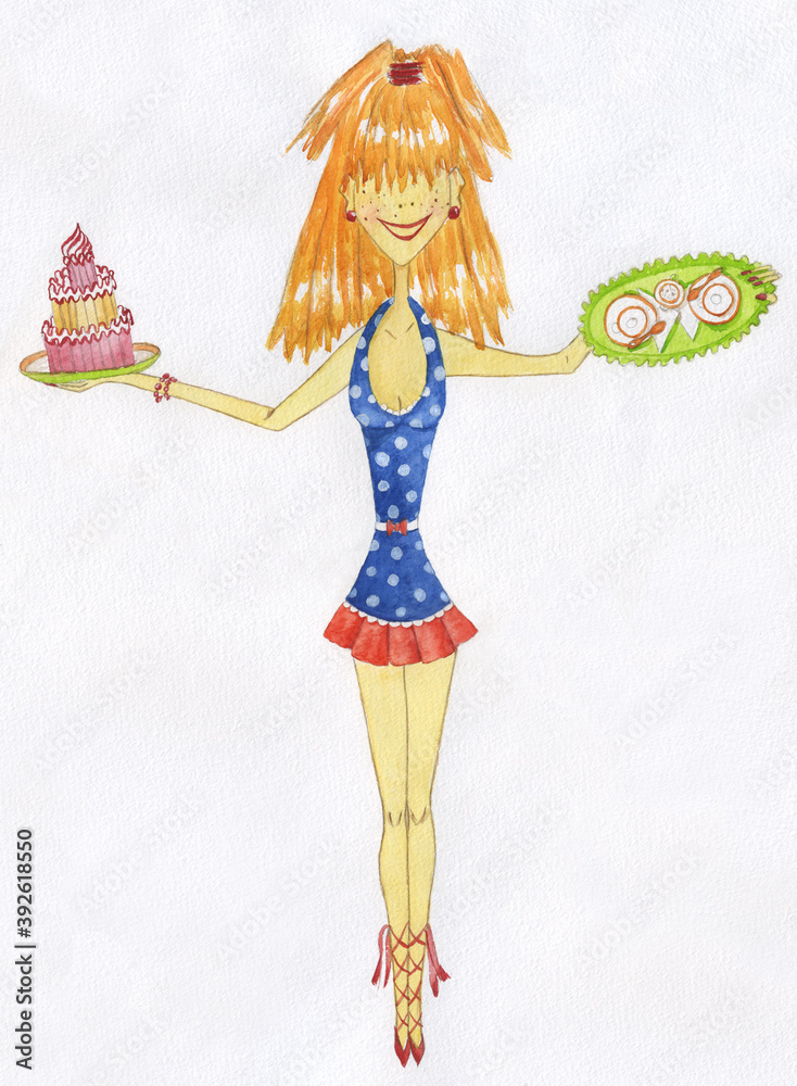 Young long-legged beautiful waitress holding cake on the tray. Watercolor illustration Young long-legged beautiful waitress holding cake on the tray. Watercolor illustration