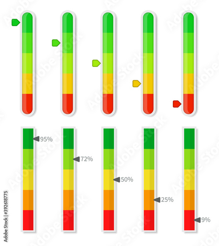 Level indicator meter with percentage units. Scoring progress vertical leveling diagram. Vector illustration color measurement on white background