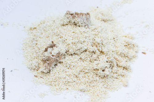 Fotografi Whole grains of uncooked Thai Jasmine Rice with black and white molds growing on