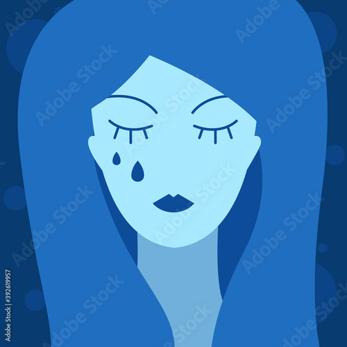 Cartoon stylized crying girl. Grief, sadness and loneliness concept