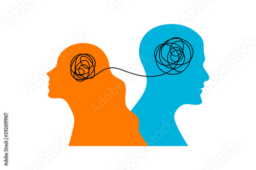 Man and woman connected by thread. Love and separation
