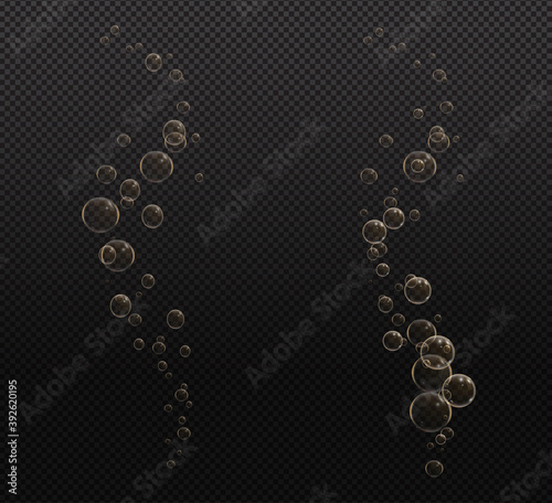 Gold fizzy bubbles. Sparkles champagne. Fizzy pop and effervescent drink. Abstract fresh soda and air bubbles, oxygen, champagne crystal. Vector illustration on black transparent background.