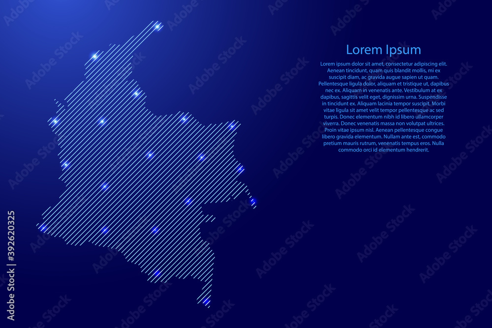 Colombia map from blue pattern slanted parallel lines and glowing space stars grid. Vector illustration.