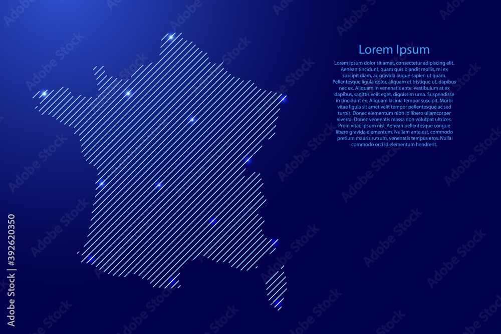 France map from blue pattern slanted parallel lines and glowing space stars grid. Vector illustration.