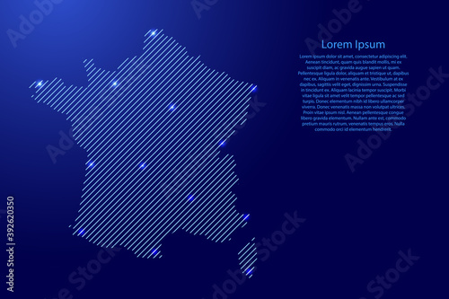 France map from blue pattern slanted parallel lines and glowing space stars grid. Vector illustration.